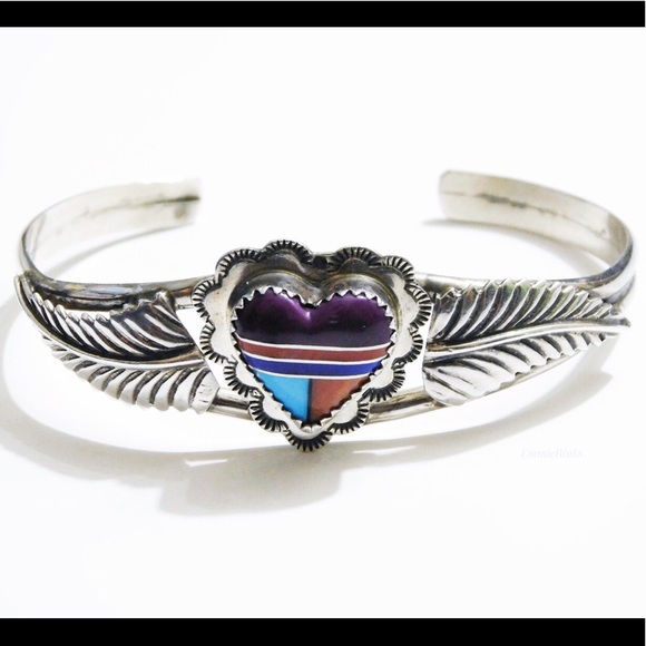 🎉 Vintage NAVAJO MultiStone Sterling Silver Cuff - Picture 3 of 8